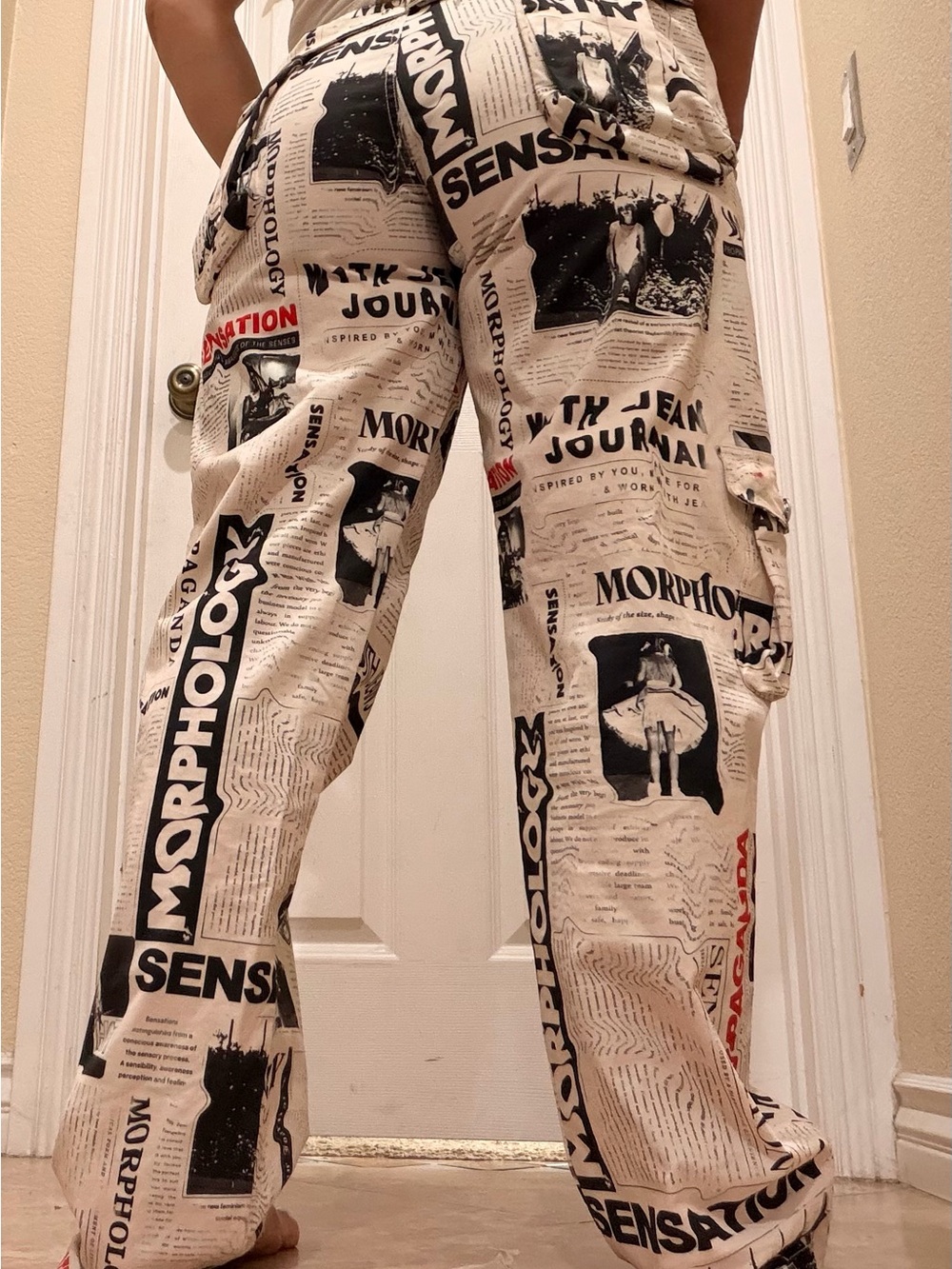 With Jean Newspaper-Print Kids Jeans in White, Black and Red